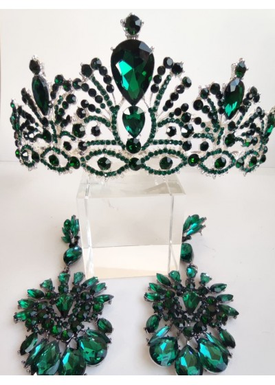 Комплект кристална тиара и висящи обици за бал и сватба в тъмно зелено модел Absolute Emerald Rose by Rosie
